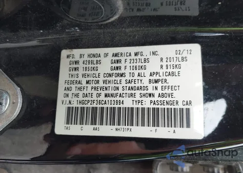 2012 Honda Accord 2.4 Lx из США, поврежденный, VIN 1HGCP2F36CA103994